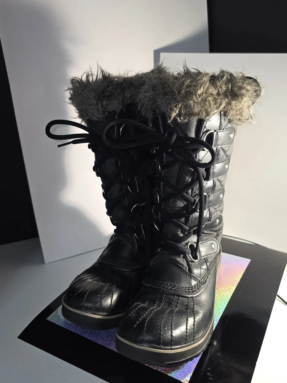 Sorel Tofina II Black Stone Waterproof Faux-Fur Trim Lace-Up Winter Boots Sz 7.5